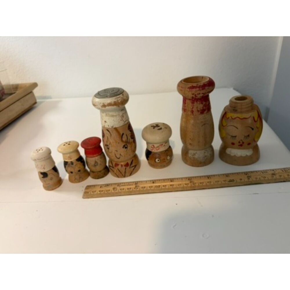 Collection of vtg wooden chef salt and pepper shakers